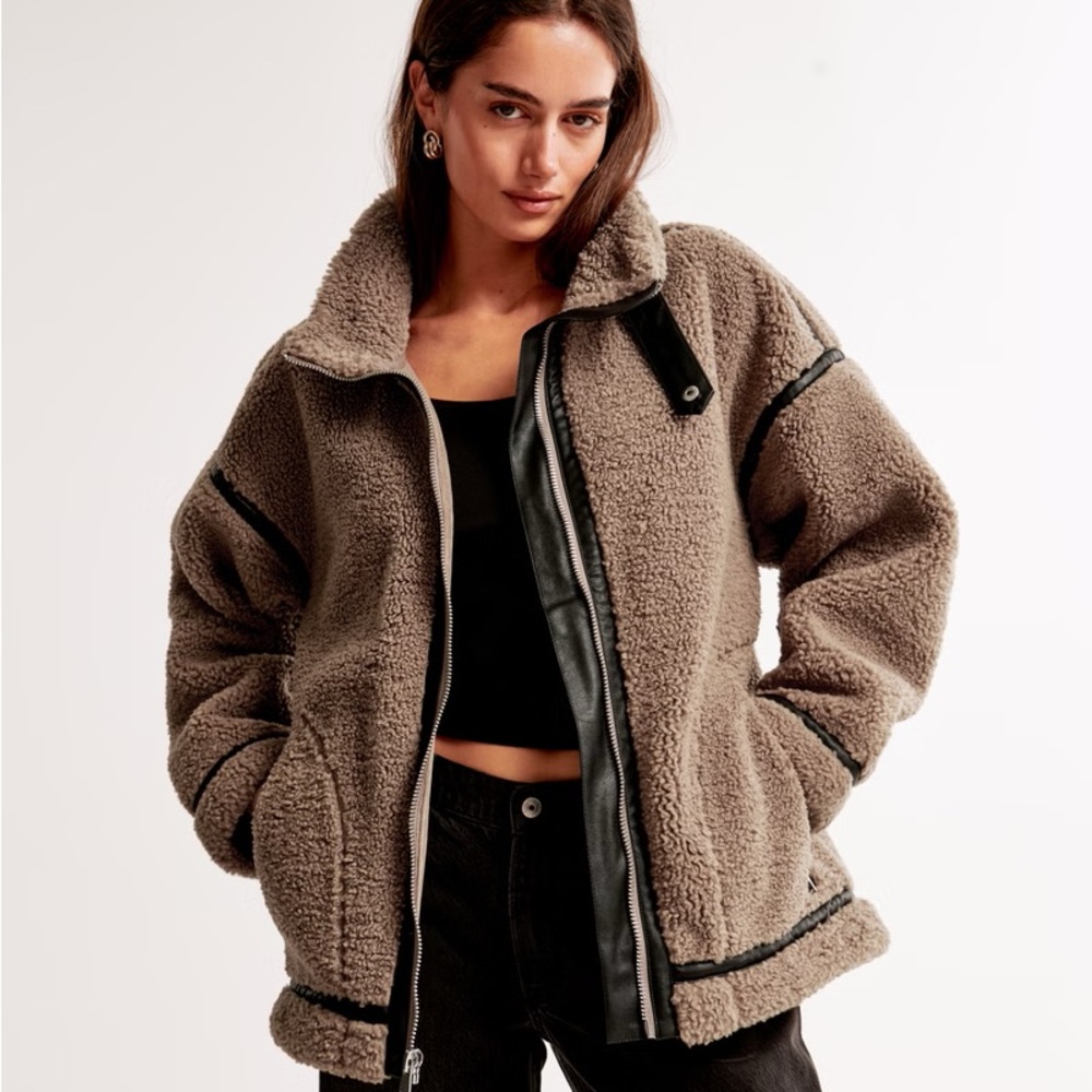 Abercrombie & Fitch Taupe Teddy Sherpa Jacket with Black Trim